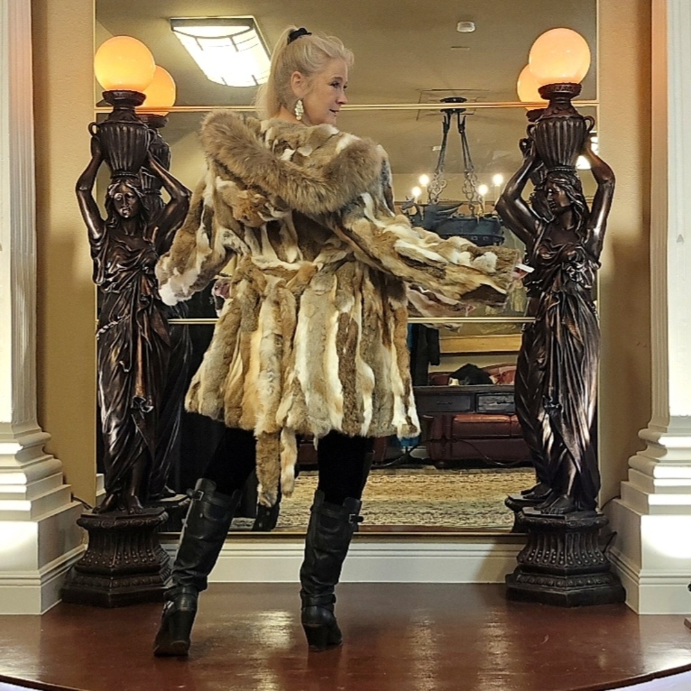 Luxurious Rabbit Fur Coat With Fox Fur Trim NWT